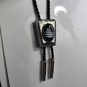 Onyx Black Stone Engraved Silver Tone Bolo Wedding Necklace Western Cowboy
